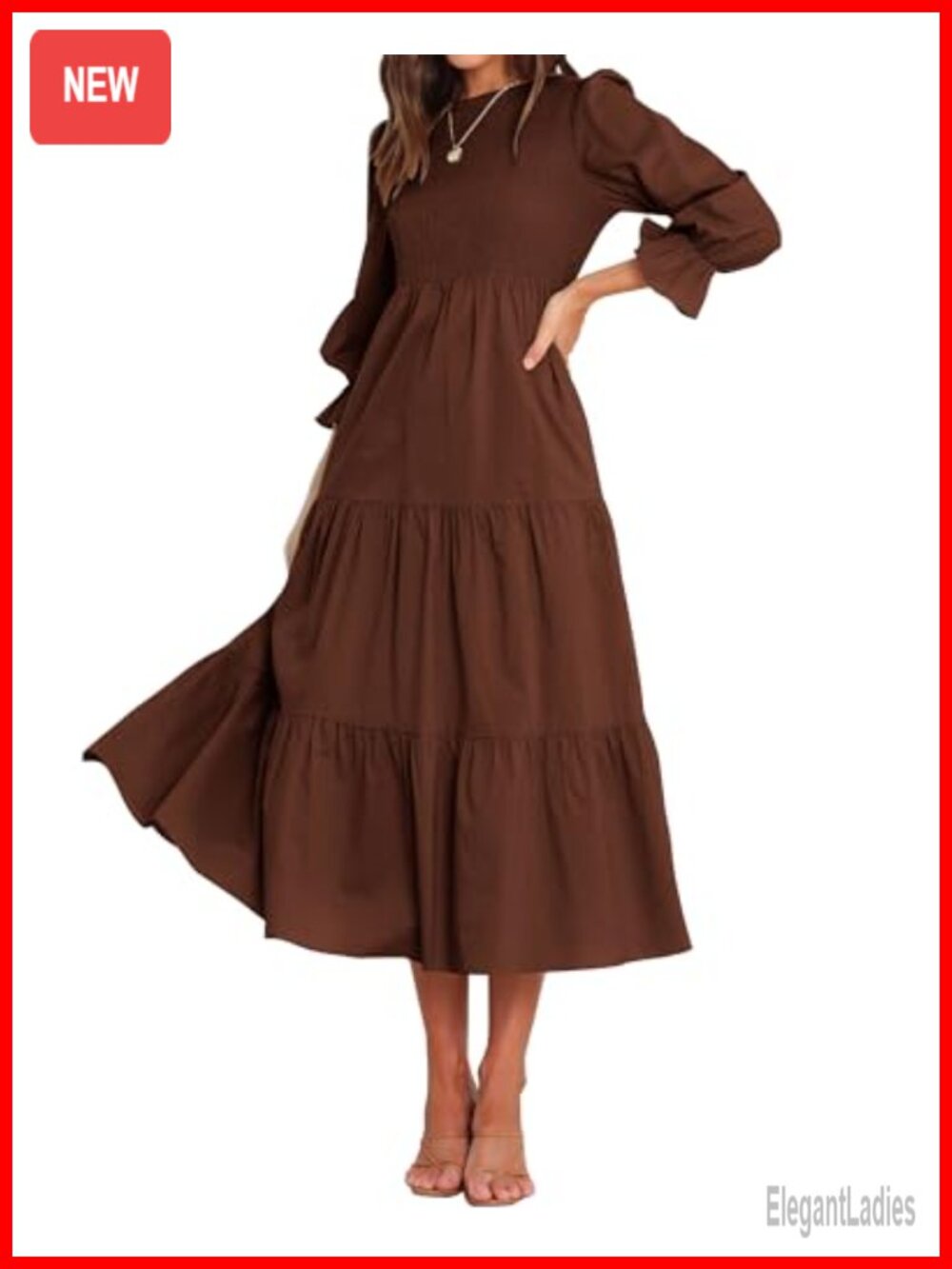 Women Long Sleeve Crew Neck Flowy Maxi Dress Tiered Ruffle Hem Boho